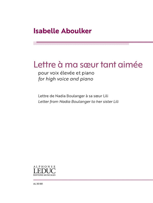 Lettre à ma sœur tant aimée | Isabelle Aboulker | Voix | Réduction pour piano | AL30881