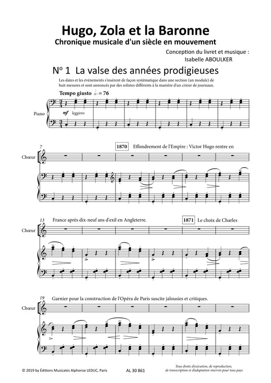 Hugo: Zola et la Baronne de Isabelle Aboulker, Réduction pour piano pour chœur mixte et Narrateur et Ensemble