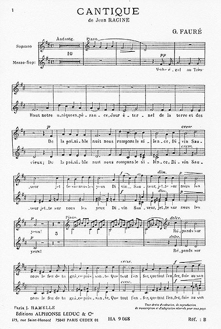 Cantique De Jean Racine Op.11 in D Major de Gabriel Fauré, Partie séparée pour soprano et Voix de mezzo-soprano