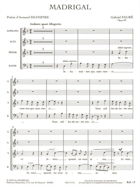 Madrigal Op.35 | Gabriel Fauré | Chœur | Partition chorale | HA09111