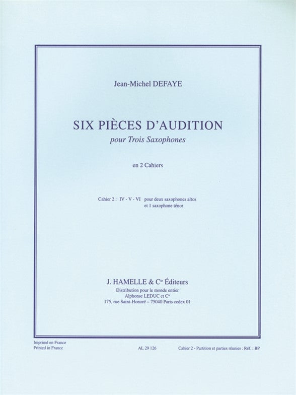 6 Pièces d'Audition Cahier 2 - 4 Saxophones | Jean-Michel Defaye