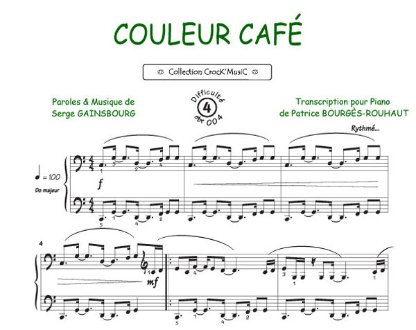 Couleur café de Serge Gainsbourg, Feuillet pour piano