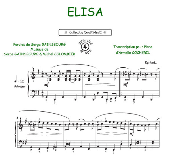 Elisa de Serge Gainsbourg, Feuillet pour piano