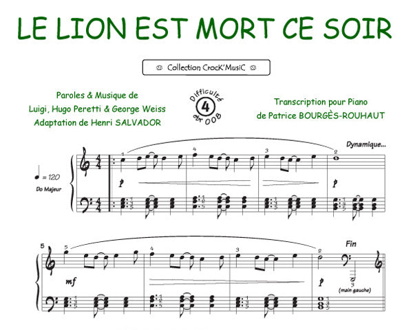 Le lion est mort ce soir de Luigi, Feuillet pour piano
