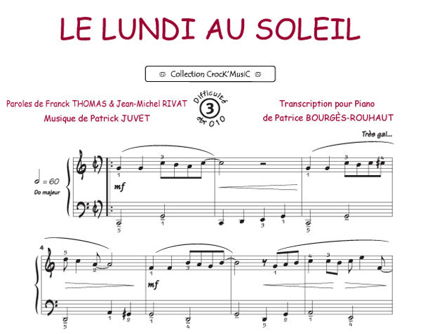 Le lundi au soleil de Patrick Juvet, Feuillet pour piano