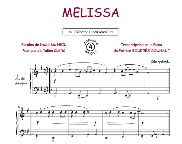 Mélissa de Julien Clerc, Feuillet pour piano