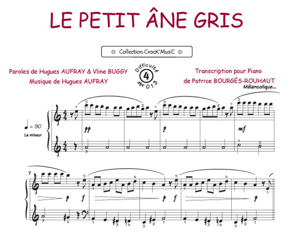 Le petit âne gris de Hugues Aufray, Feuillet pour piano