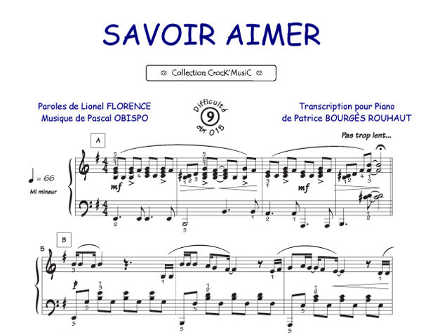 Savoir aimer de Pascal Obispo, Feuillet pour piano