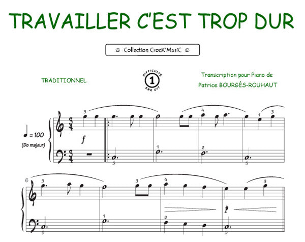 Travailler, c'est trop dur, Feuillet pour piano