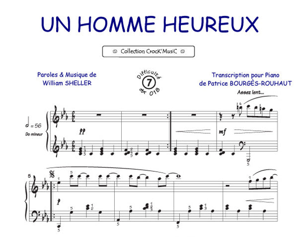 Un homme heureux de William Sheller, Feuillet pour piano