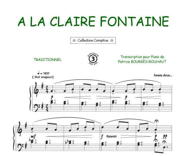 A la claire fontaine, Feuillet pour piano et Chant et Guitare