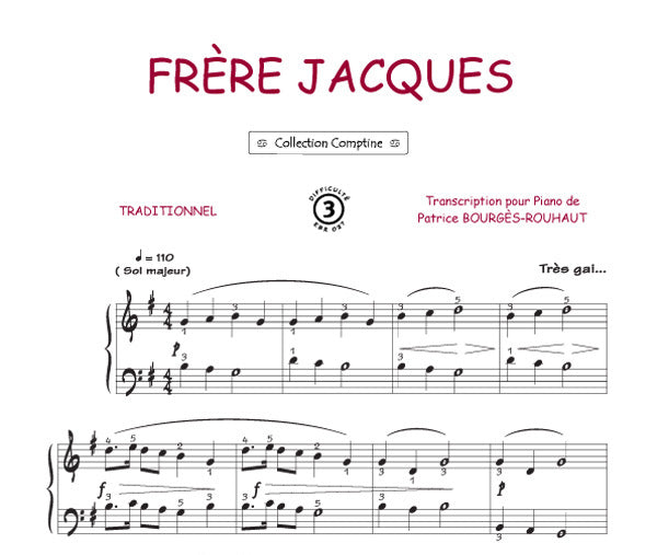 Frère Jacques, Feuillet pour piano et Chant et Guitare