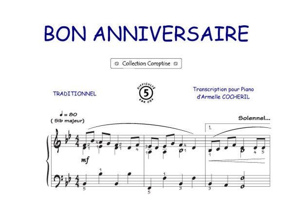 Joyeux anniversaire, Feuillet pour piano et Chant et Guitare
