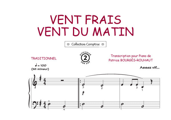 Vent frais, vent du matin, Feuillet pour piano et Chant et Guitare