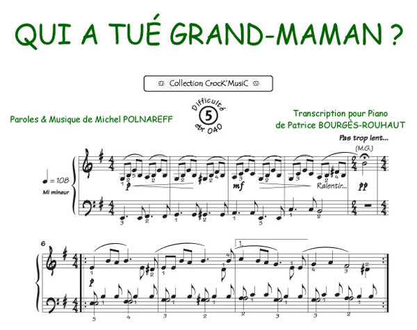Qui a tué grand-maman de Michel Polnareff, Feuillet pour piano