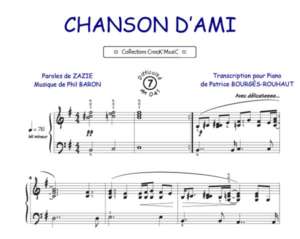 Chanson d'ami de Phil Baron, Feuillet pour piano