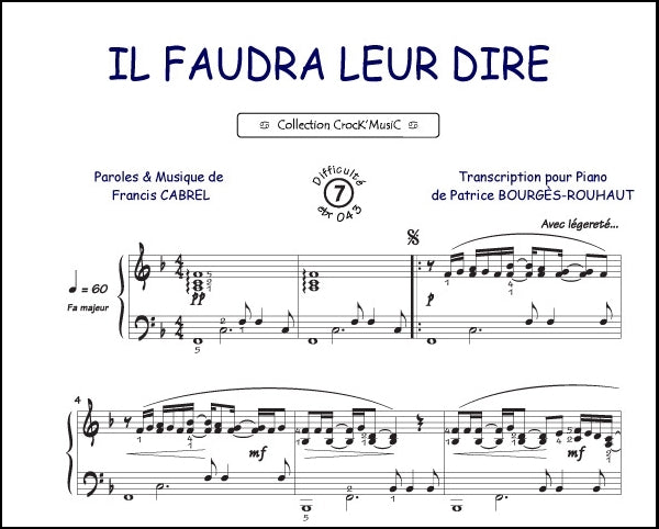 Il faudra leur dire de Francis Cabrel, Feuillet pour piano