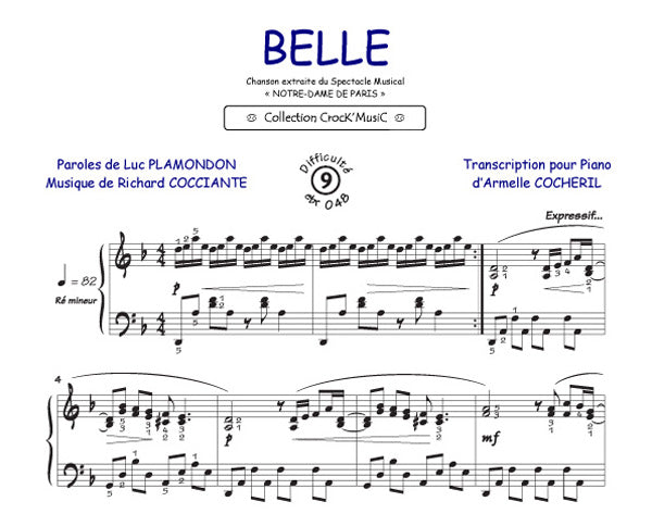 Belle (Collection CrocK'MusiC) de Richard Cocciante, Feuillet pour piano