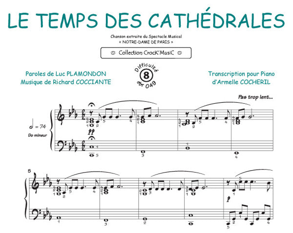 Le temps des cathédrales de Richard Cocciante, Feuillet pour piano