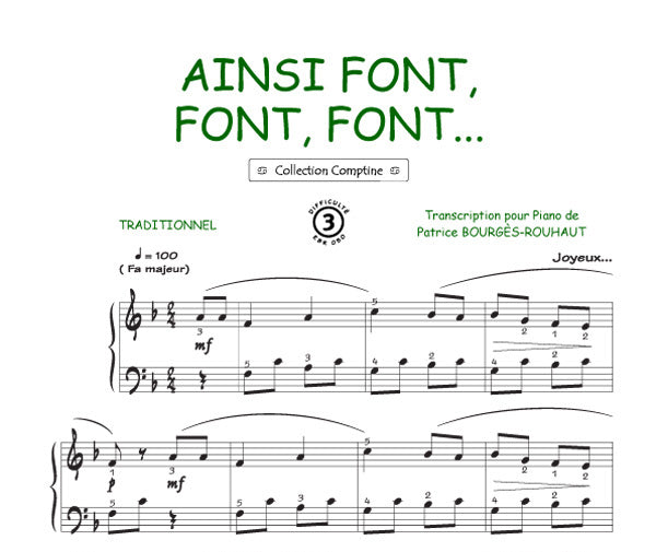 Ainsi font font, Feuillet pour piano et Chant et Guitare