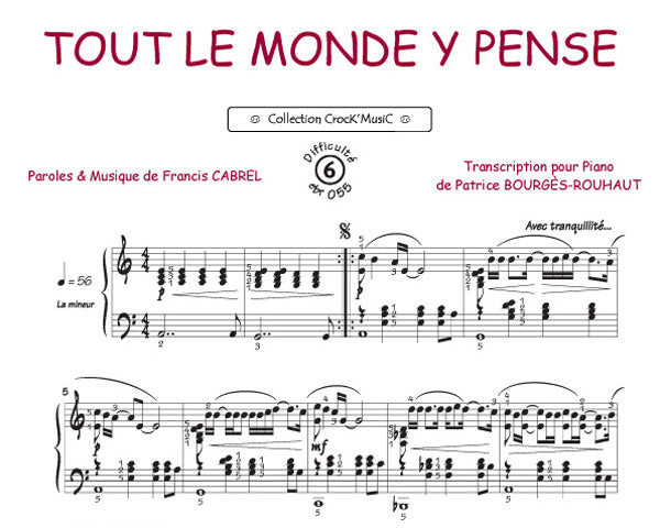 Tout le monde y pense de Francis Cabrel, Feuillet pour piano