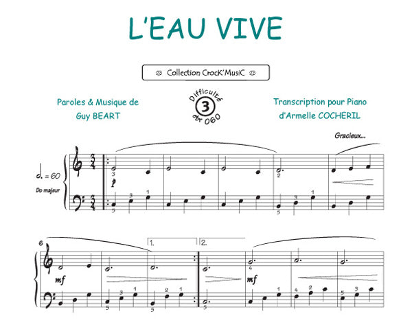 L'eau Vive de Guy Béart, Feuillet pour piano