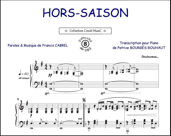 Hors saison de Francis Cabrel, Feuillet pour piano