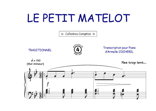 Le petit matelot, Feuillet pour piano et Chant et Guitare