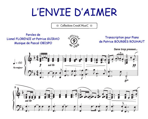 L'envie d'aimer de Pascal Obispo, Feuillet pour piano
