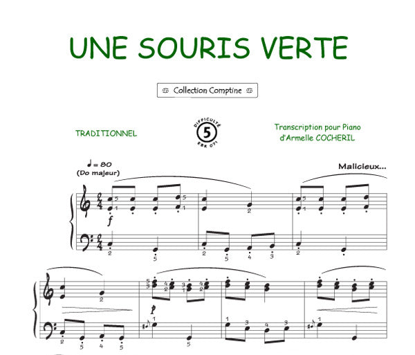 Une souris verte, Feuillet pour piano et Chant et Guitare