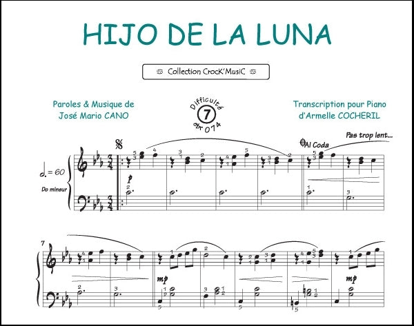 Hijo de la Luna (Collection Crock'MusiC) de José Mario Cano, Feuillet pour piano