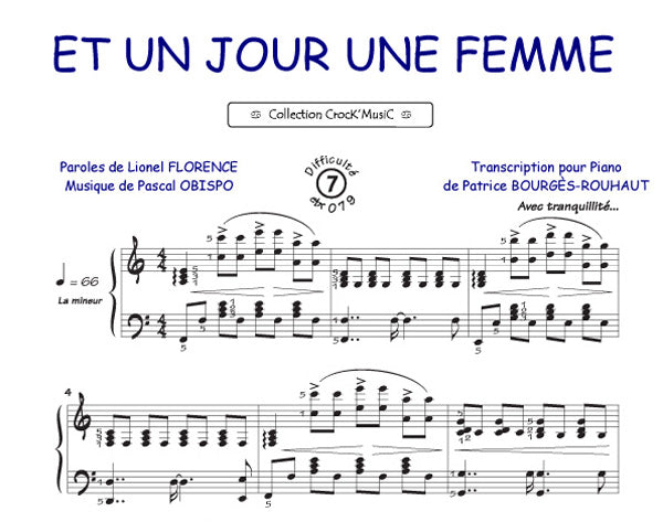 Et un jour une femme de Pascal Obispo, Feuillet pour piano