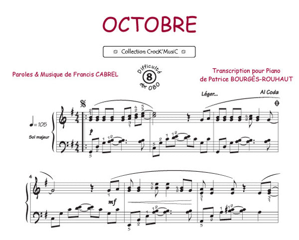 Octobre de Francis Cabrel, Feuillet pour piano