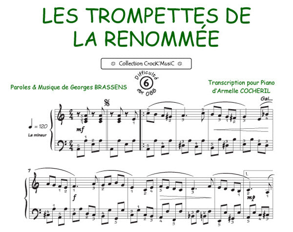 Les trompettes de la renommée de Georges Brassens, Feuillet pour piano