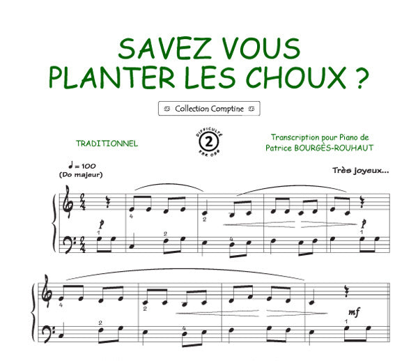 Savez-vous planter les choux, Feuillet pour piano et Chant et Guitare