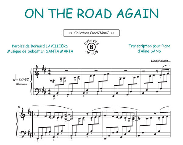 On the road again de Bernard Lavilliers, Feuillet pour piano