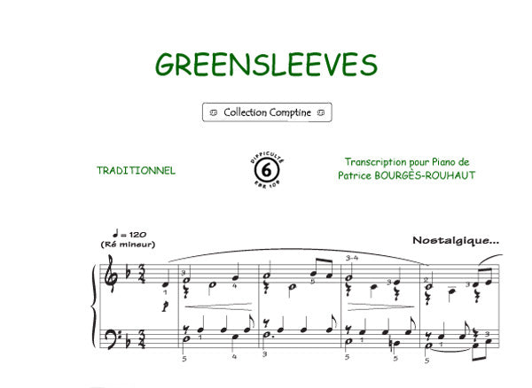 Greensleeves, Feuillet pour piano et Chant et Guitare
