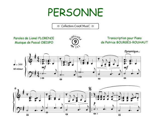 Personne de Pascal Obispo, Feuillet pour piano