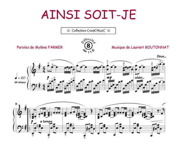 Ainsi soit je de Mylène Farmer, Feuillet pour piano