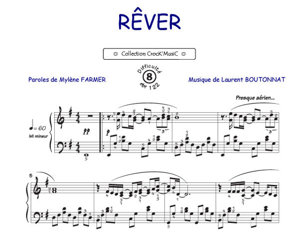Rêver de Mylène Farmer, Feuillet pour piano