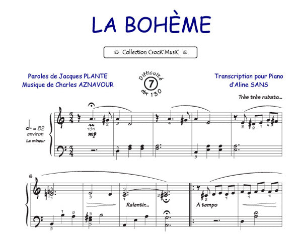 La Bohème de Charles Aznavour, Feuillet pour piano