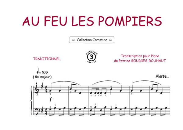 Au feu les pompiers, Feuillet pour piano et Chant et Guitare