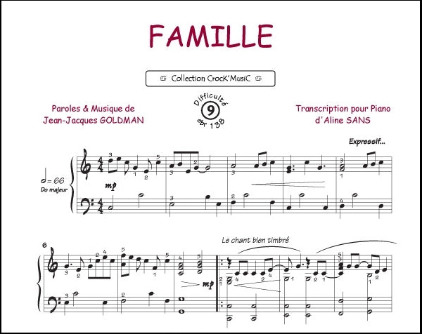 Famille de Jean-Jacques Goldman, Feuillet pour piano