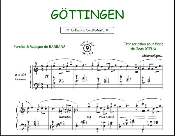 Göttingen de Barbara, Feuillet pour piano