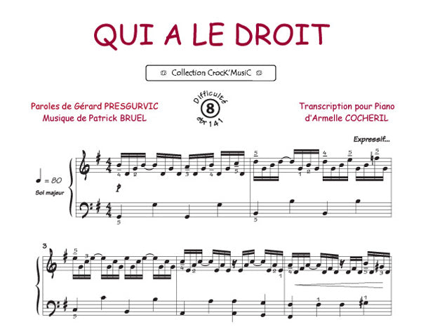 Qui a le droit de Patrick Bruel, Feuillet pour piano