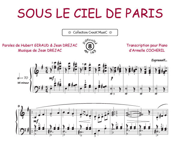Sous le ciel de Paris de Hubert Giraud, Feuillet pour piano