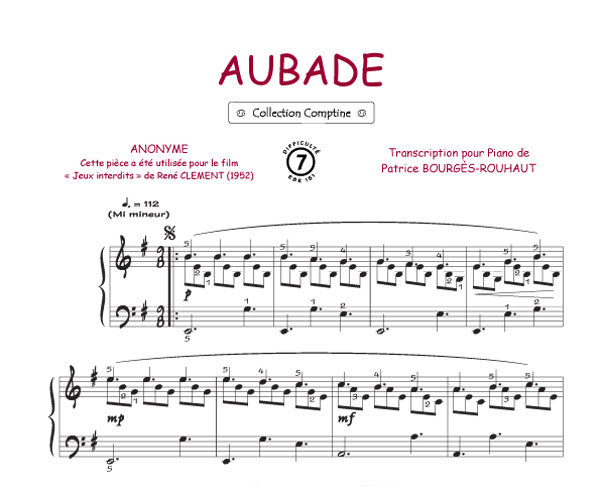 Aubade (Jeux interdits), Feuillet pour piano et Chant et Guitare