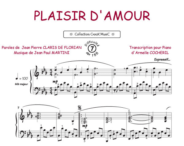 Plaisir d'amour de Jean-Paul Martini, Feuillet pour piano