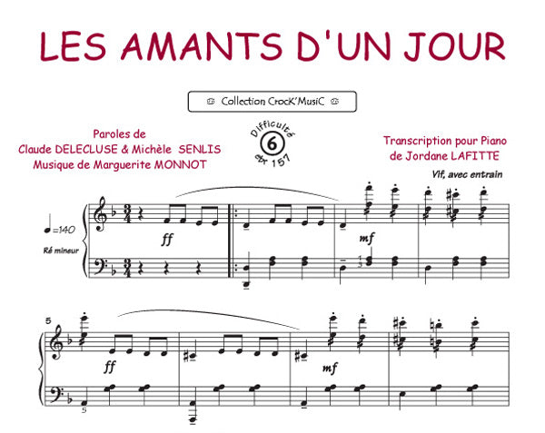 Les amants d'un jour de A Delecluse, Feuillet pour piano