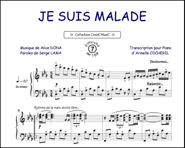 Je suis malade de Alice Dona, Feuillet pour piano